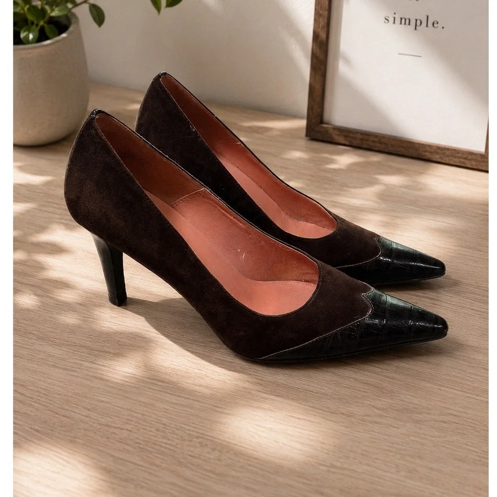 VTG Circa Joan & David Brown Suede Croc Embossed Pointed Toe Pumps Heels 8